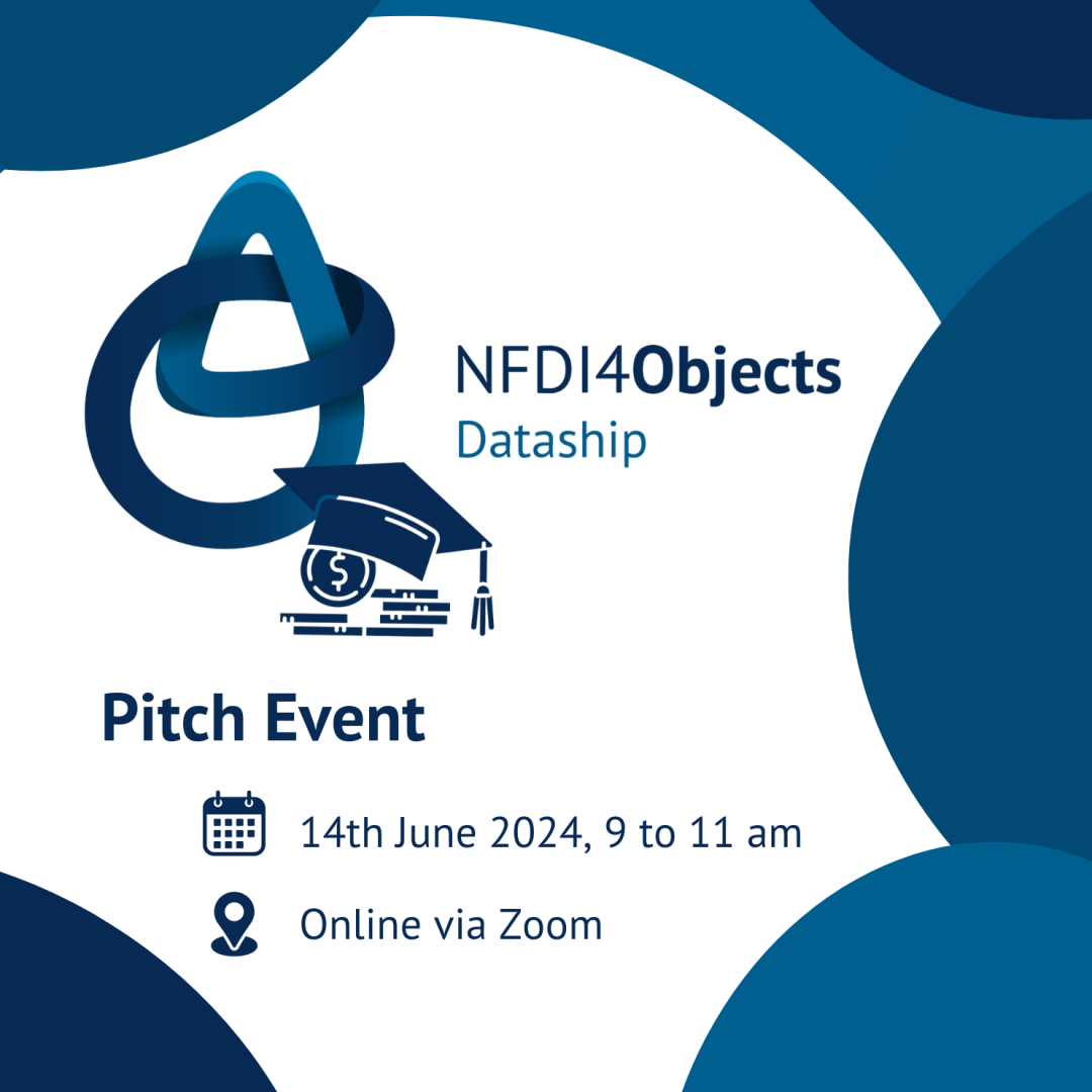 Ankündigung des NFDI4Objects Dataship Pitch Event. Das Event findet online am 14. Juni von 9 bis 11 Uhr über Zoom statt.